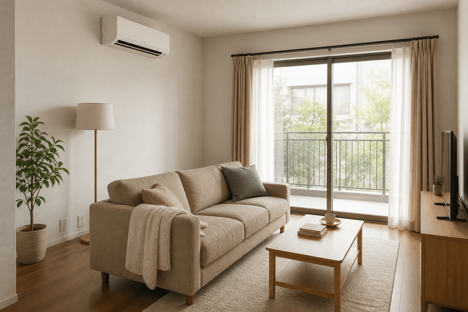 Beige rental sofa and a high wall air conditioner, vanes off the seats, feng shui air conditioner