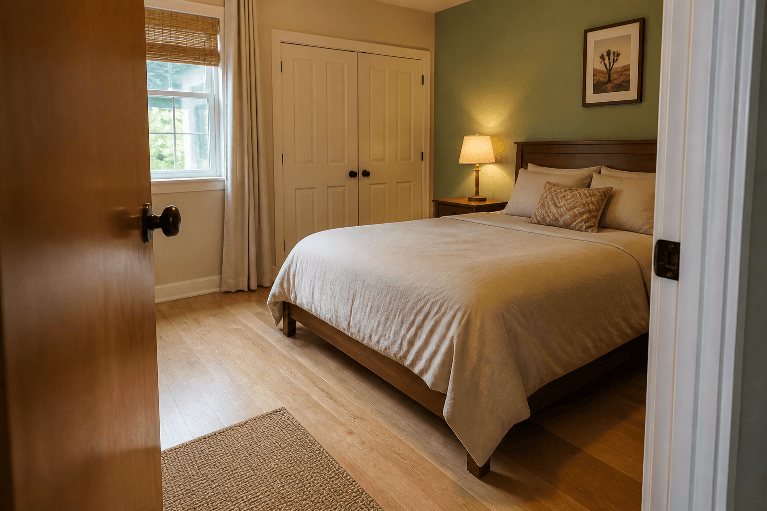 Short-let bedroom from the guest door with a clear first meter and a side-wall bed, Feng Shui Airbnb listing