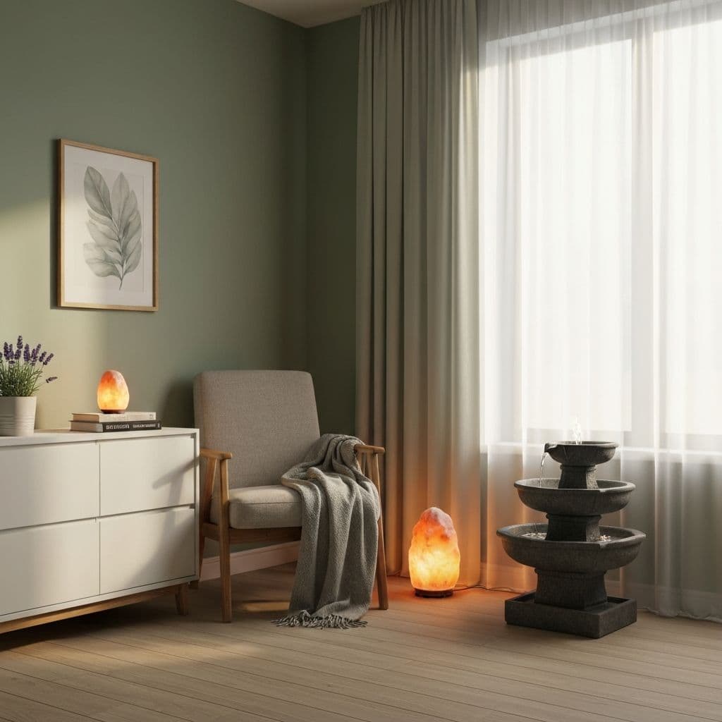 Quiet rental corner with a lamp, a closed bin, and a clear floor