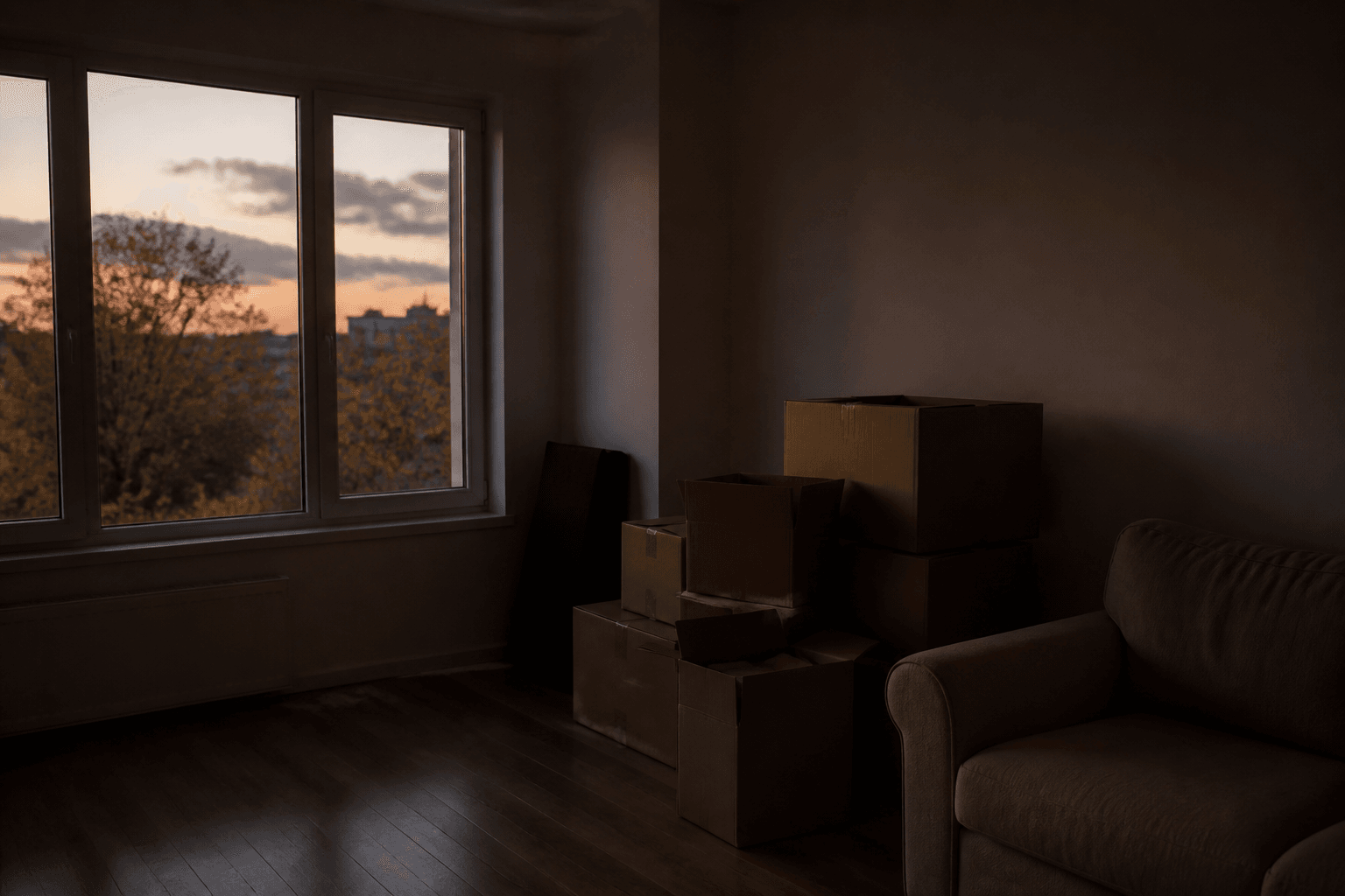 Dark living-room corner at dusk with boxes and no lamp