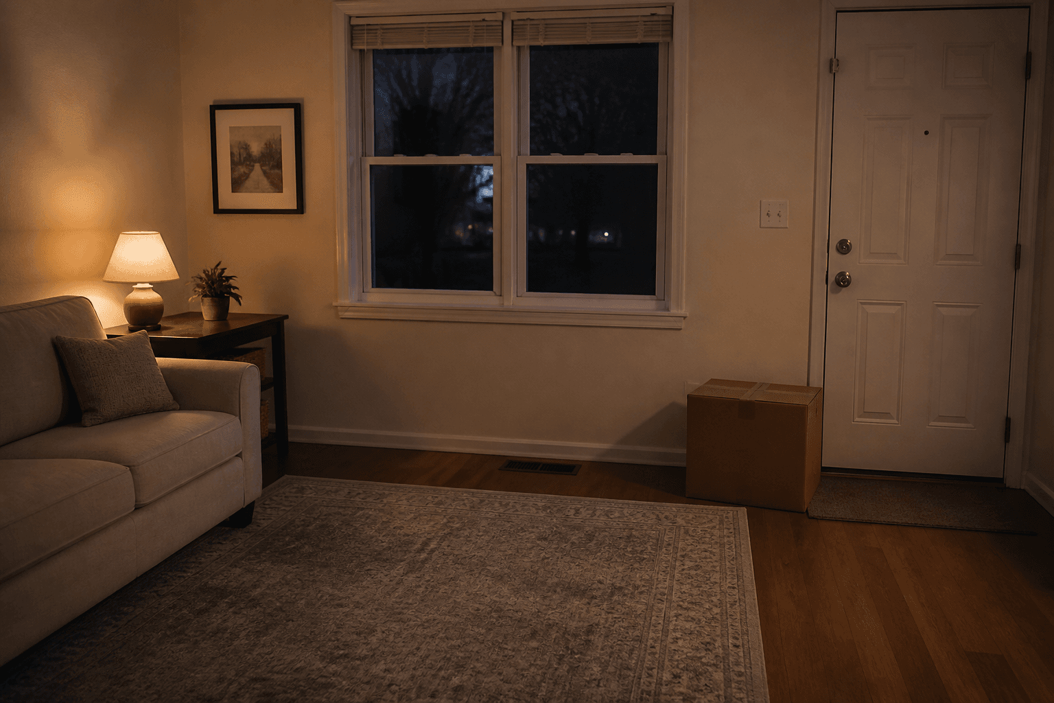 Warm lamp on in a rental living room, packed box by the door, dark window