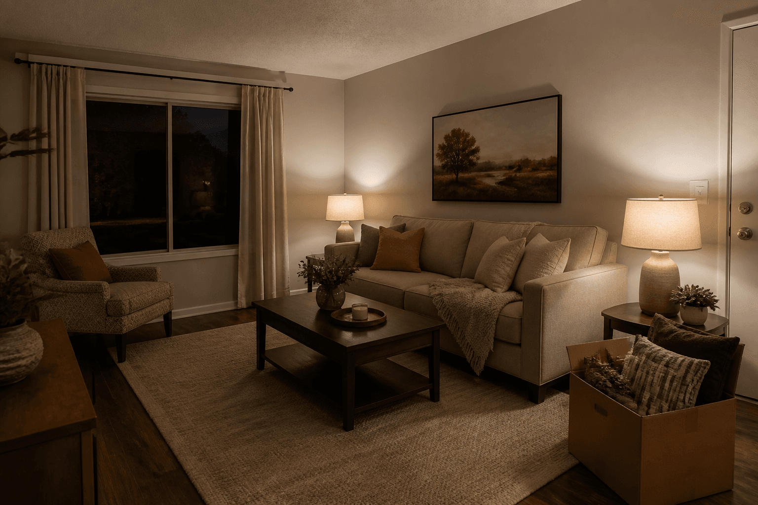 Rental living room at early dusk with two warm lamps on and a packed box by the door, feng shui autumn reset