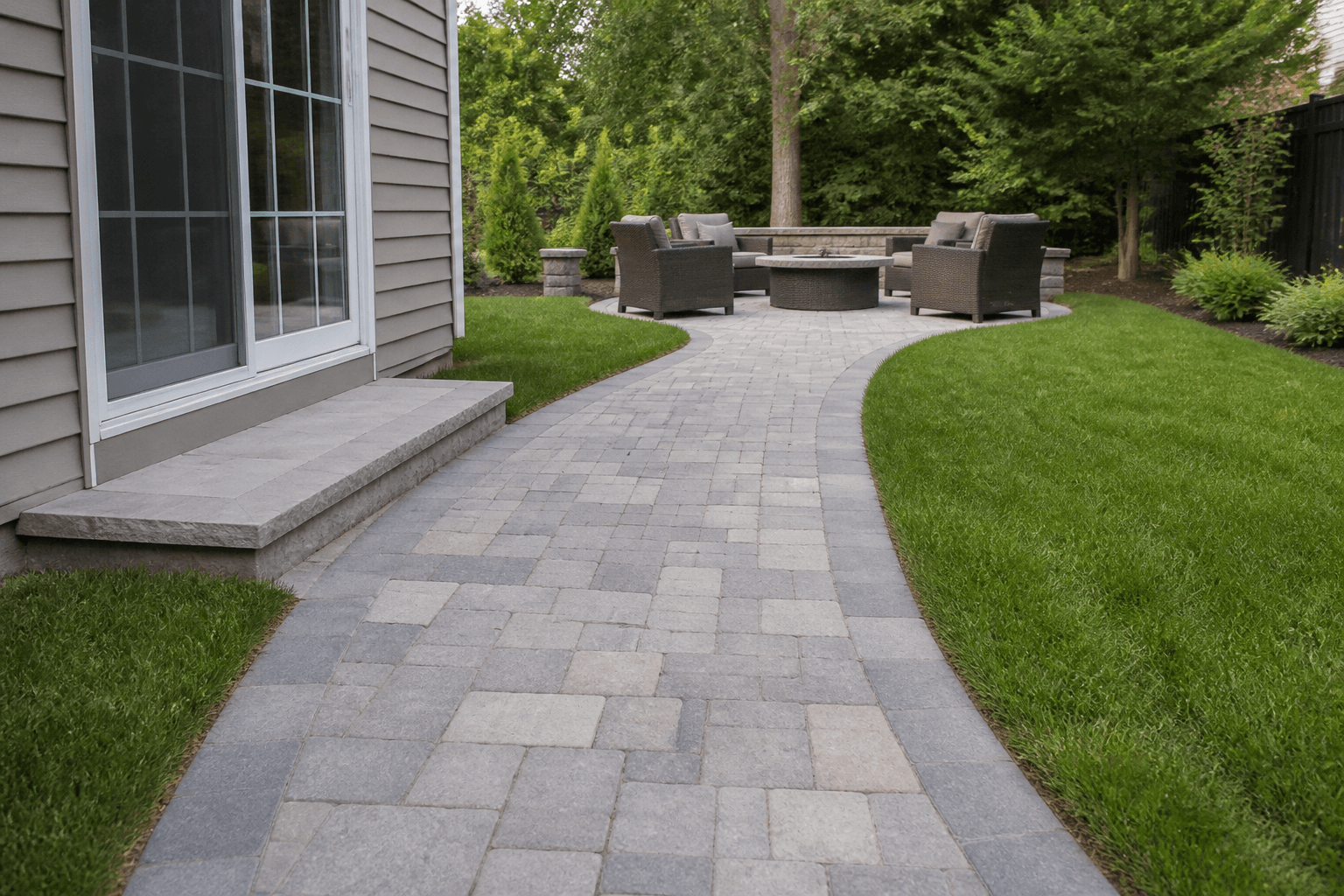 Paver walk from a house slider down a small lawn toward the back fence