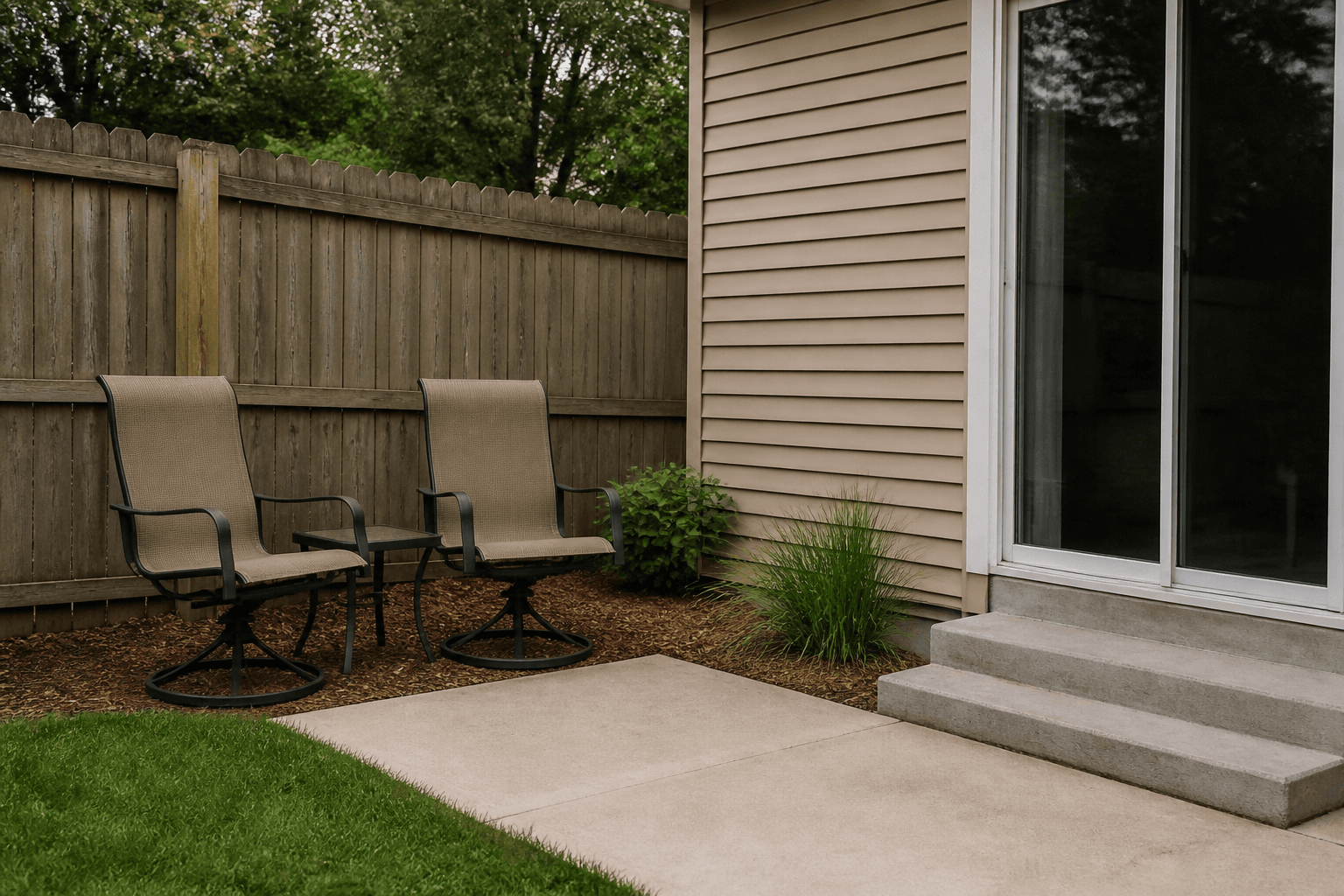 Two outdoor chairs with backs to a wood fence, seats toward the house, small table off the walk