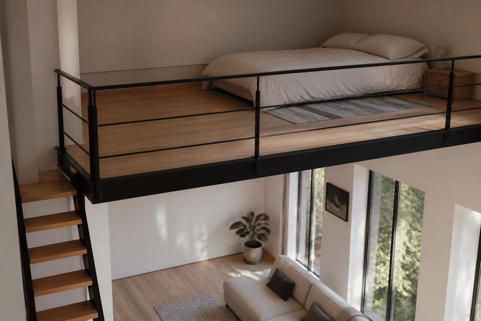 Simple bed on a loft platform with a wood rail, open sitting room below