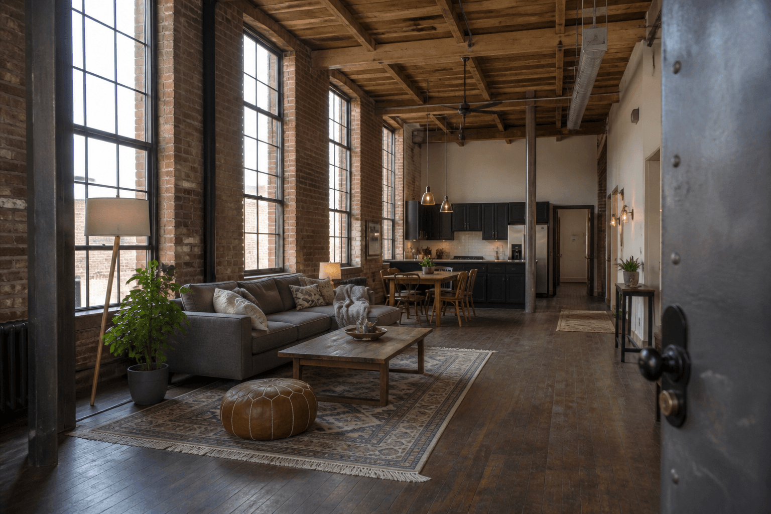 Open loft from the metal front door, high brick walls, sofa on a rug, kitchen at the far end, feng shui bagua for loft