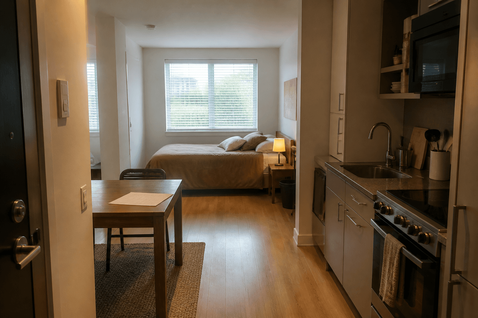 Daylight studio from the front door: bed on the far wall, kitchenette, wood table, feng shui bagua for studio apartment