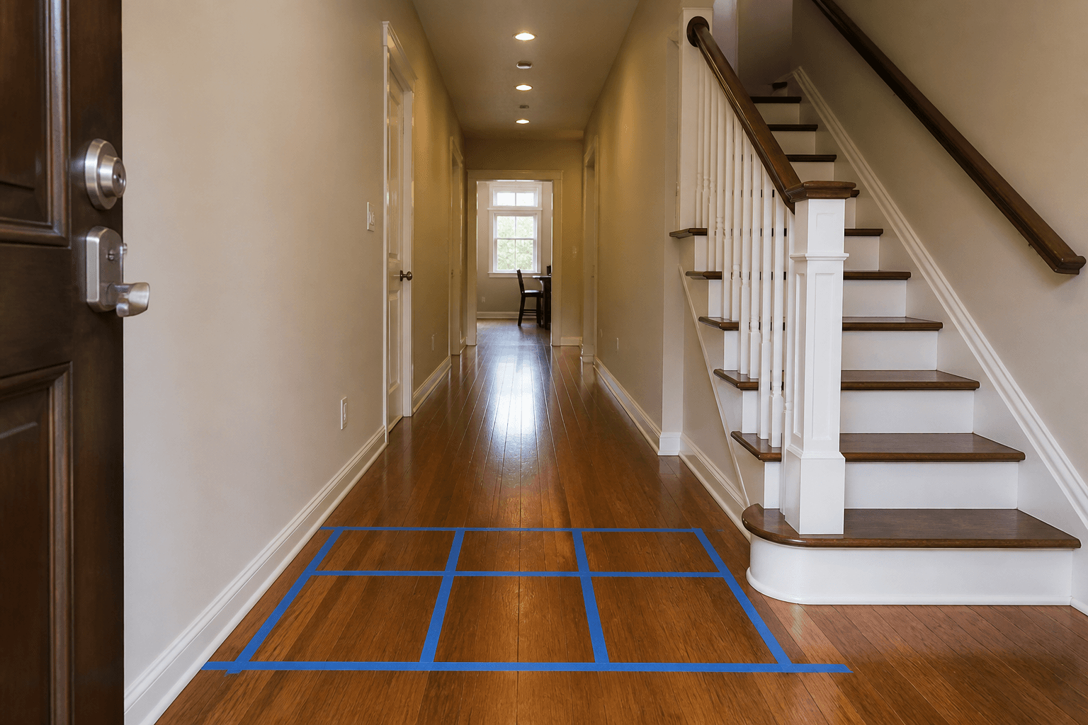 Blue painter tape on a wood floor marking a rectangle and a walk toward a doorway