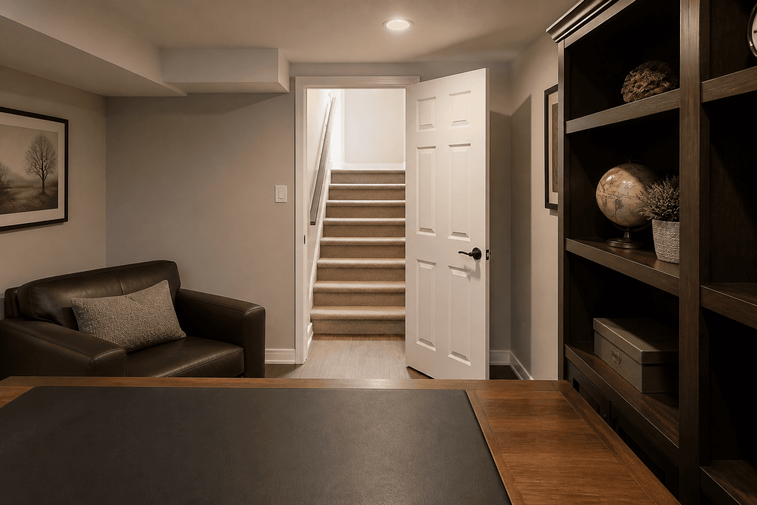 Looking from the desk toward an open white door at basement stairs