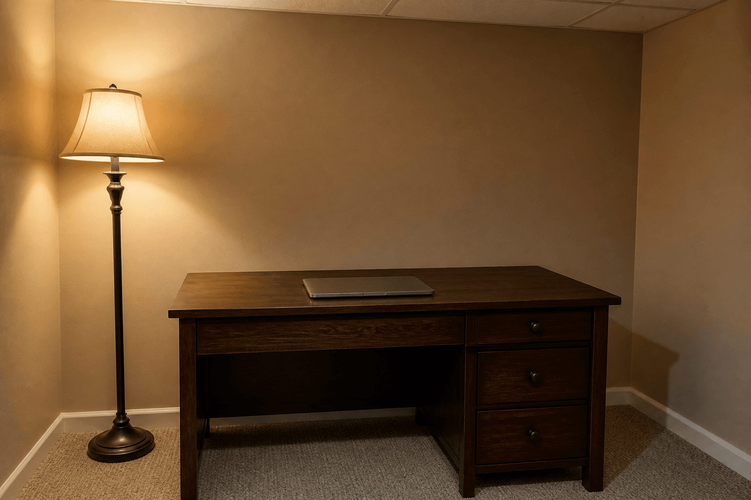 Basement desk with a floor lamp on, closed laptop, beige wall, no window in frame