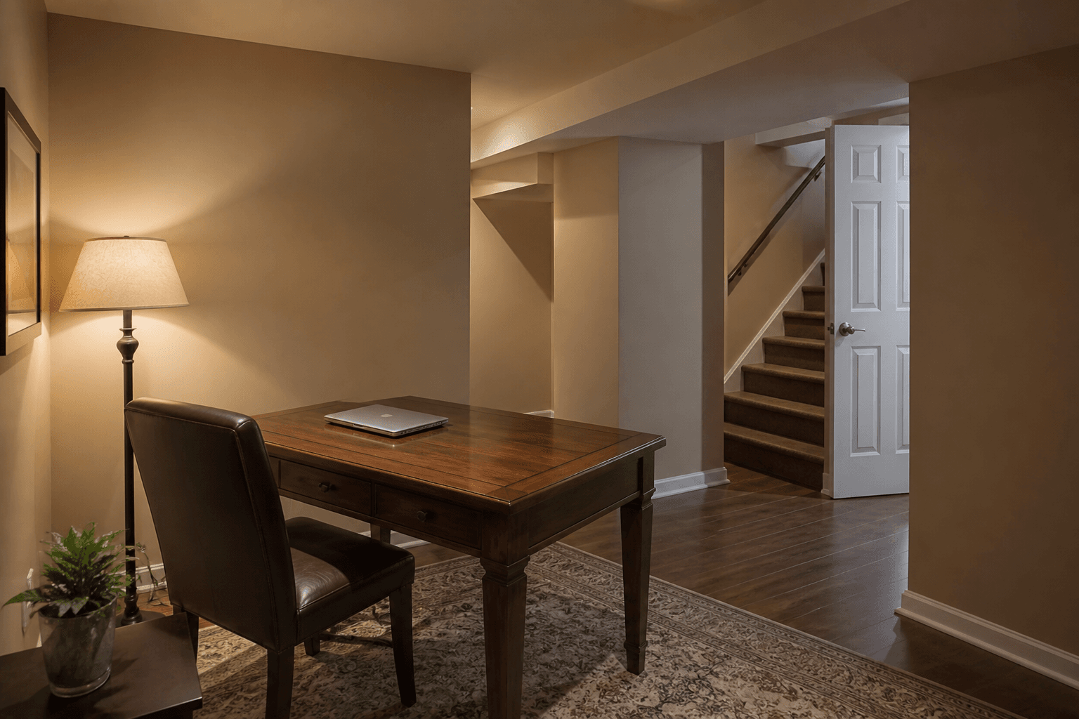 Finished basement desk, closed laptop, floor lamp, stair and open door in view, feng shui basement office
