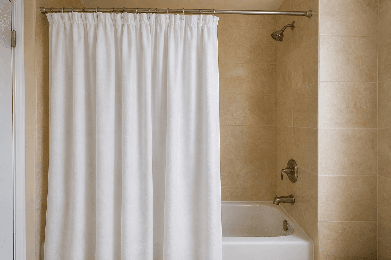 White shower curtain gathered at an alcove tub, beige tile