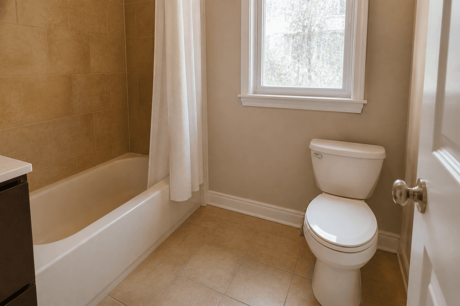 White alcove tub with a gathered curtain, closed toilet lid, beige tile, feng shui bathtub placement