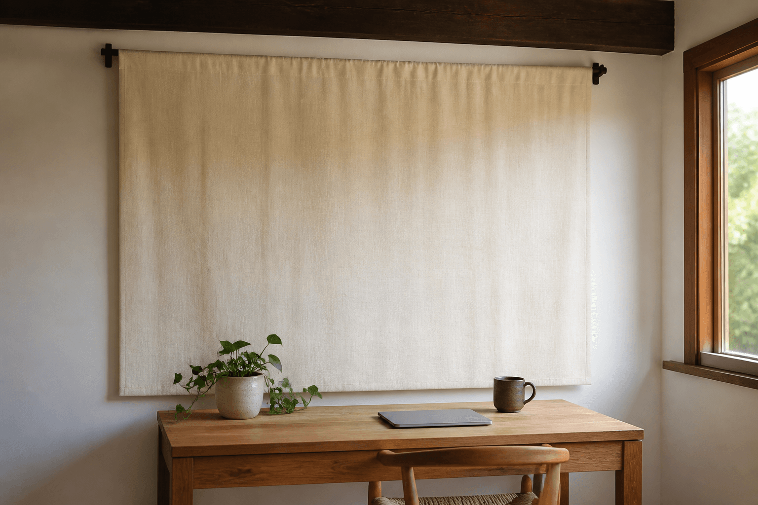 Light fabric panel hung below a ceiling beam above a rental desk