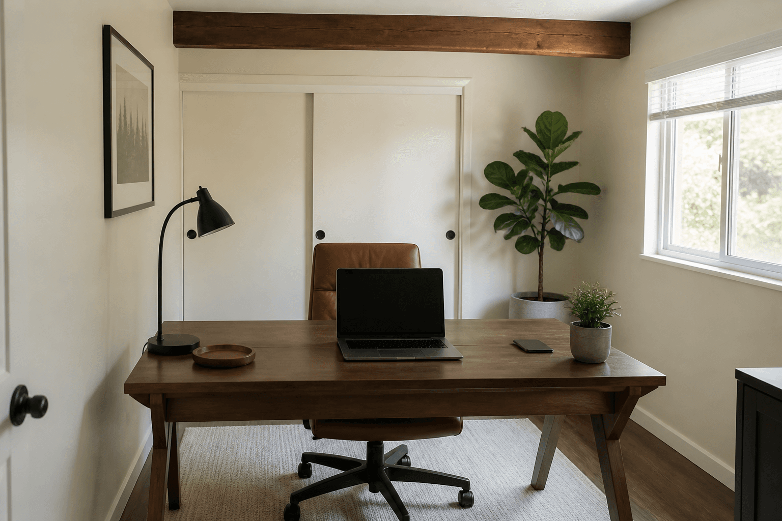 Wood desk slid so the ceiling beam falls behind the chair instead of over the keyboard