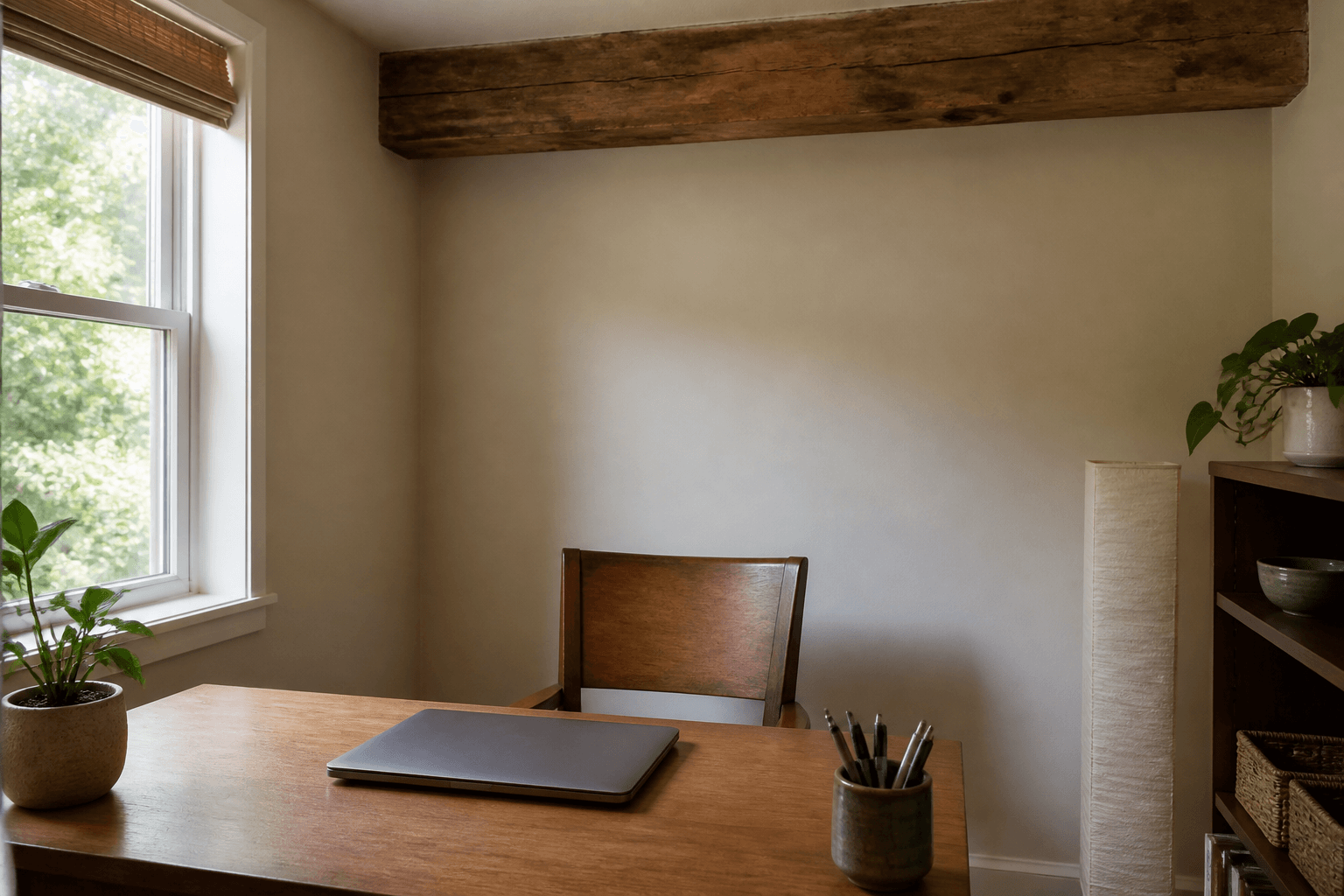 Wood desk and chair with an exposed beam above the seat, feng shui beam over desk