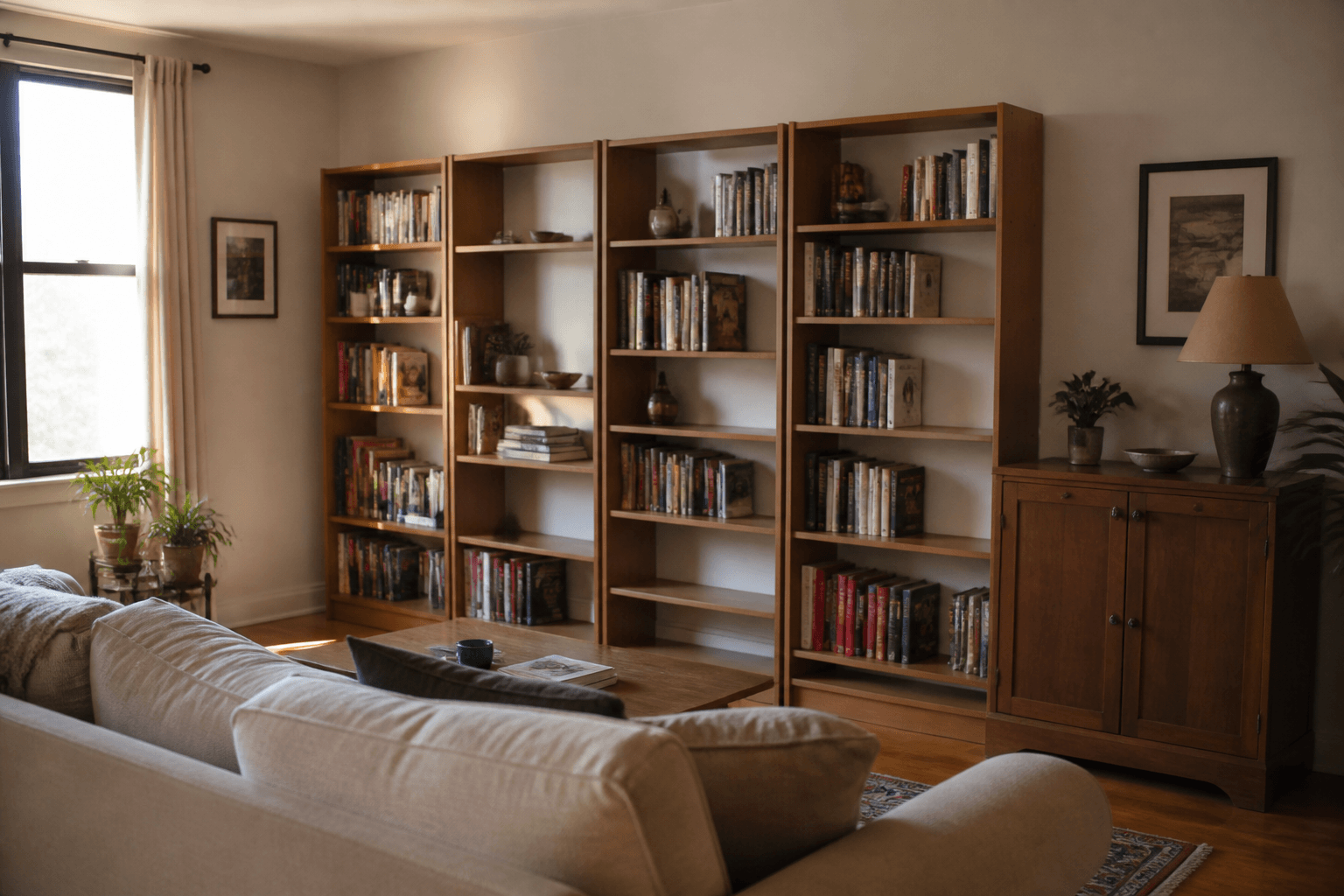 Rental living room with a wood bookcase wall, beige sofa, closed cabinet, plants, Feng Shui bookshelves in daylight