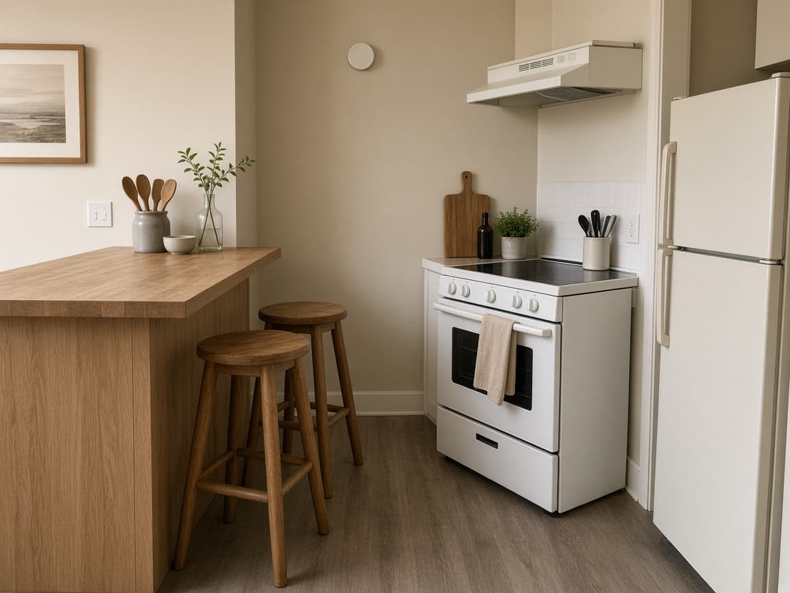 Wood breakfast-bar stools pulled into the cook aisle between a range and a fridge