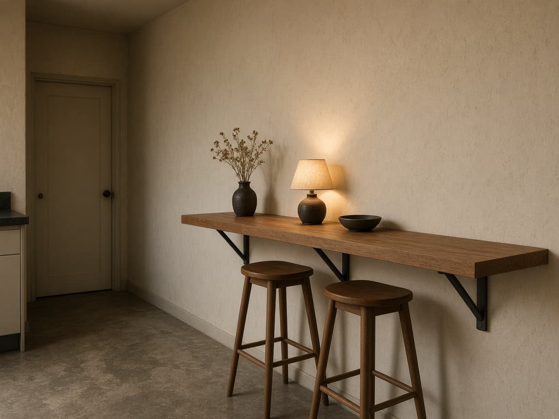 Narrow wall-mounted wood breakfast bar with two stools and a hallway door beyond