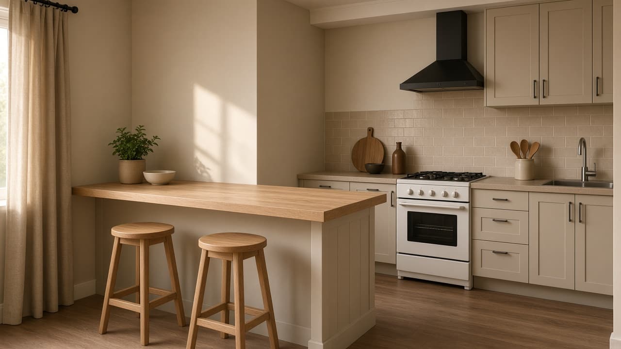 Rental peninsula, two wood stools at an oak breakfast bar, open cook path to a white range, feng shui breakfast bar