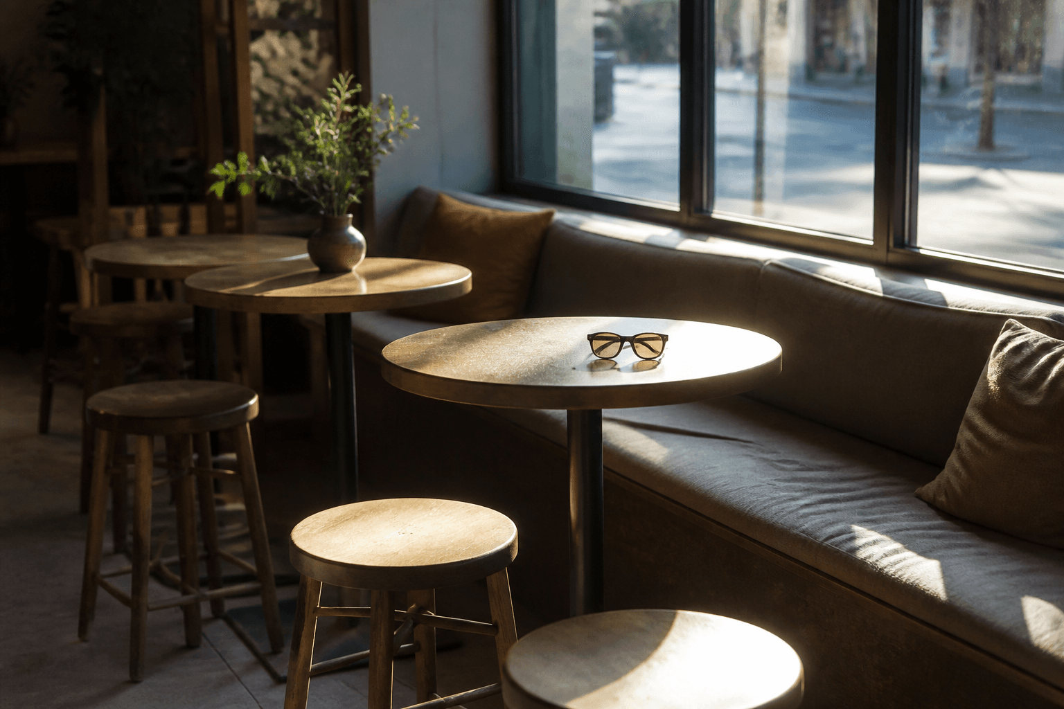 Harsh morning glare on empty wood stools at a cafe window banquette