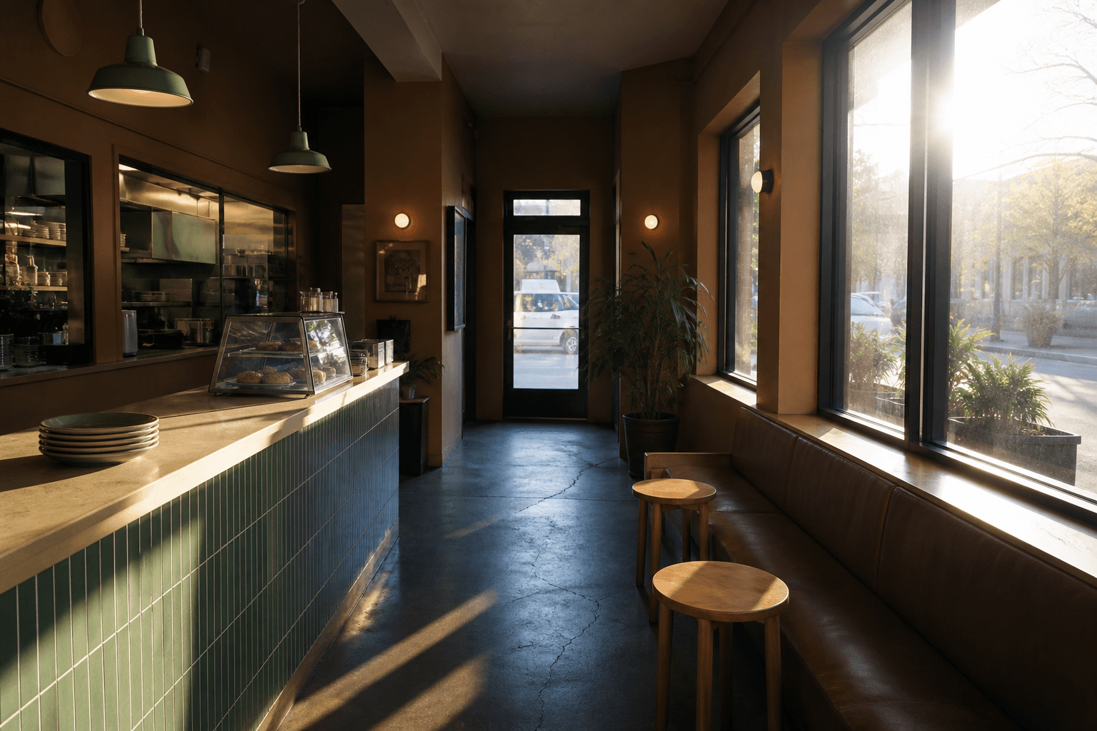 Morning glare on a leased cafe window banquette with the pass visible down the aisle, feng shui cafe window seats