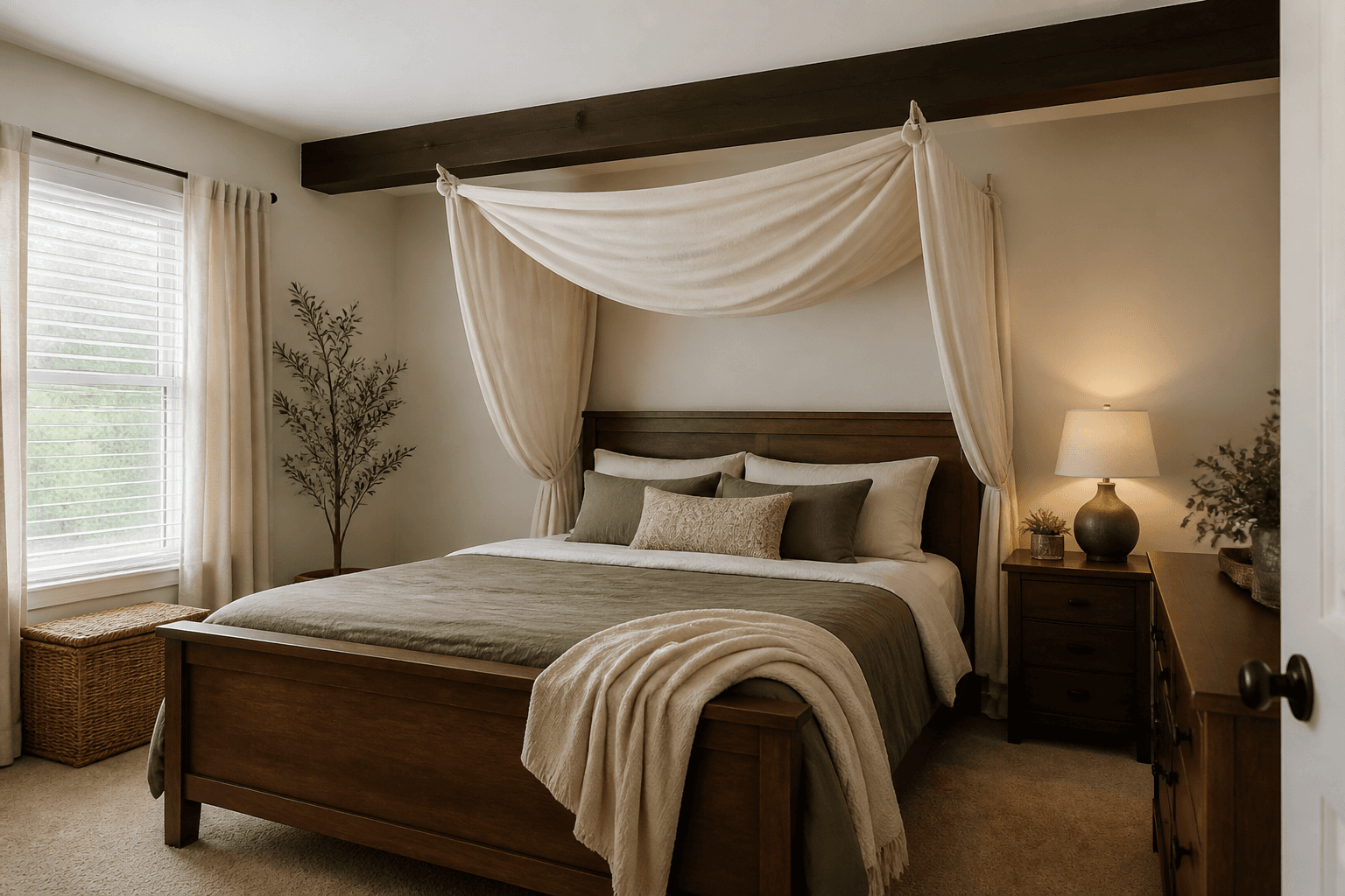 Light cream fabric canopy softening a dark ceiling beam above a wood bed