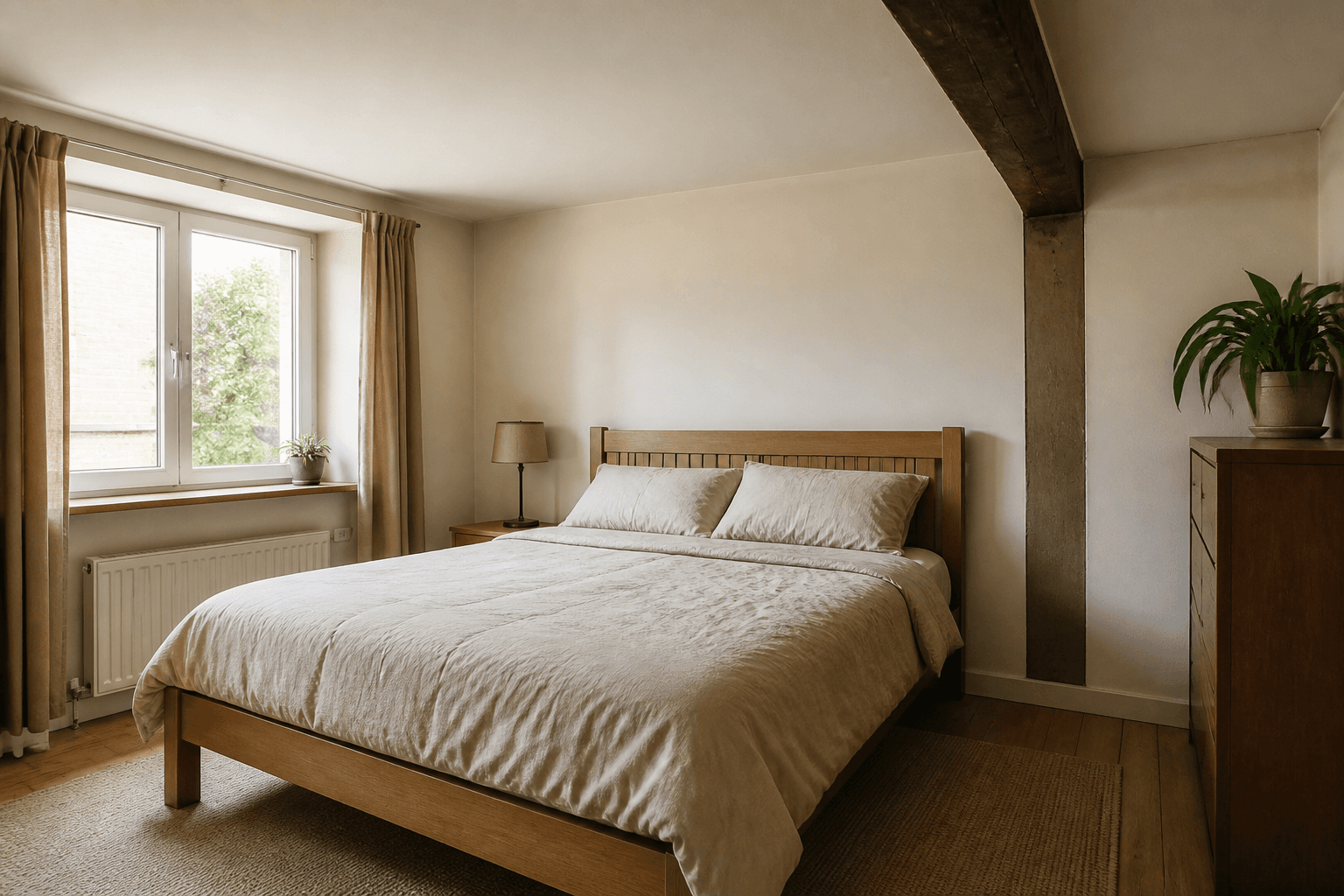 Wood bed shifted so the ceiling beam runs beside the mattress, not over the pillows