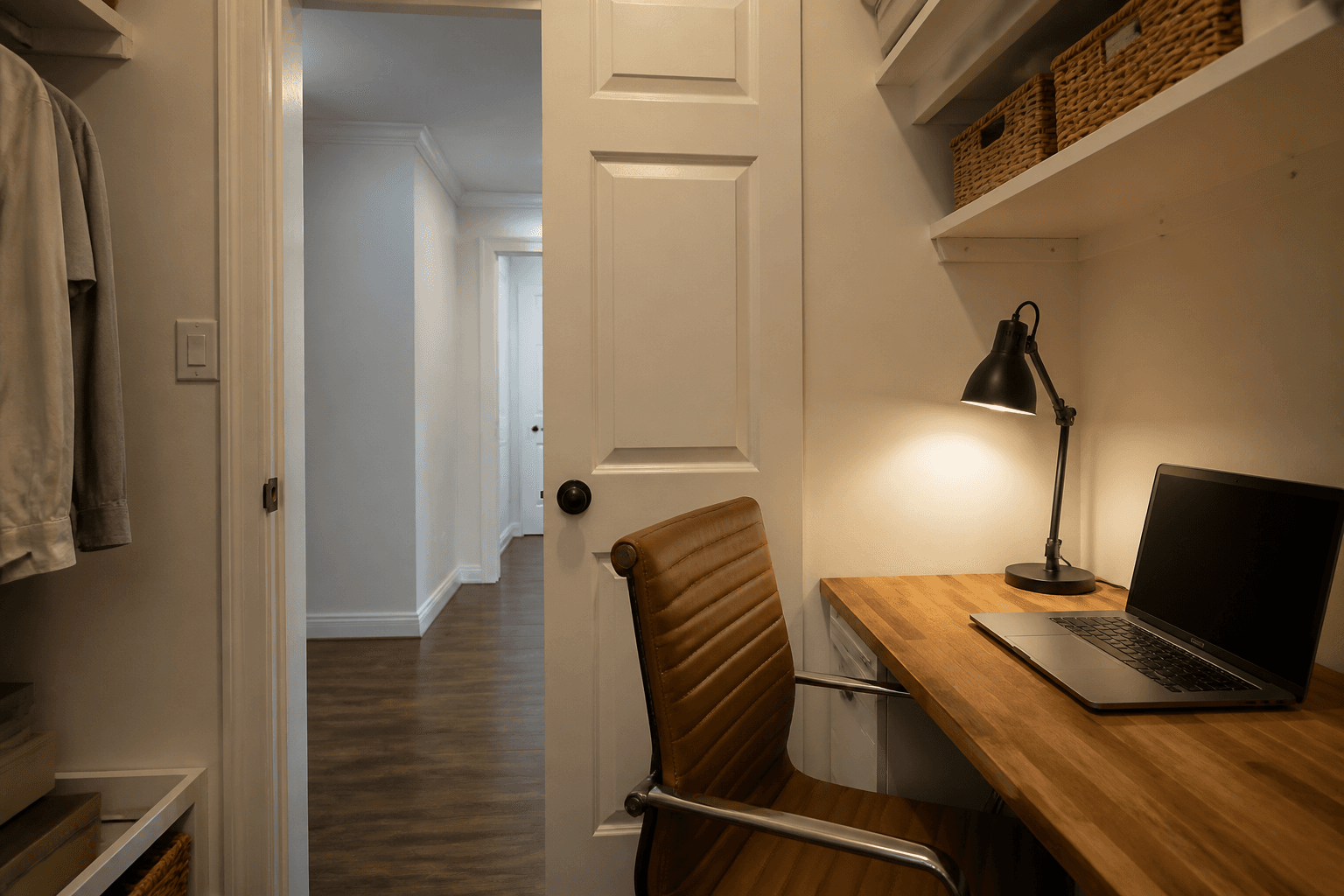 Desk chair facing out through an open closet door toward a hallway