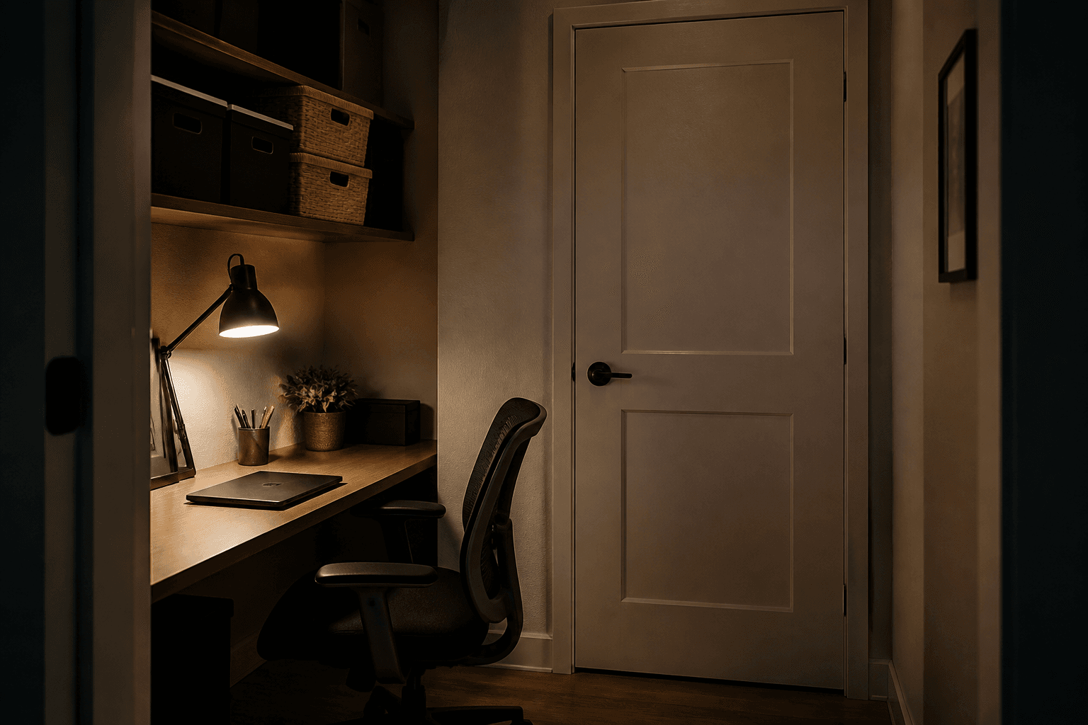 Warm task lamp on a small closet desk at night, work surface clear