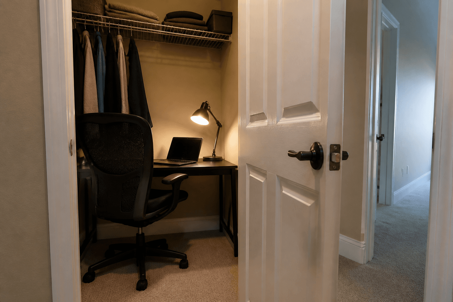 Small desk and laptop in a walk-in closet with the door open to the hall, feng shui closet office