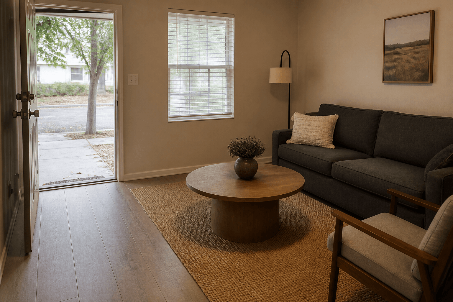 Round wood coffee table with a clear path to the sofa and the room door