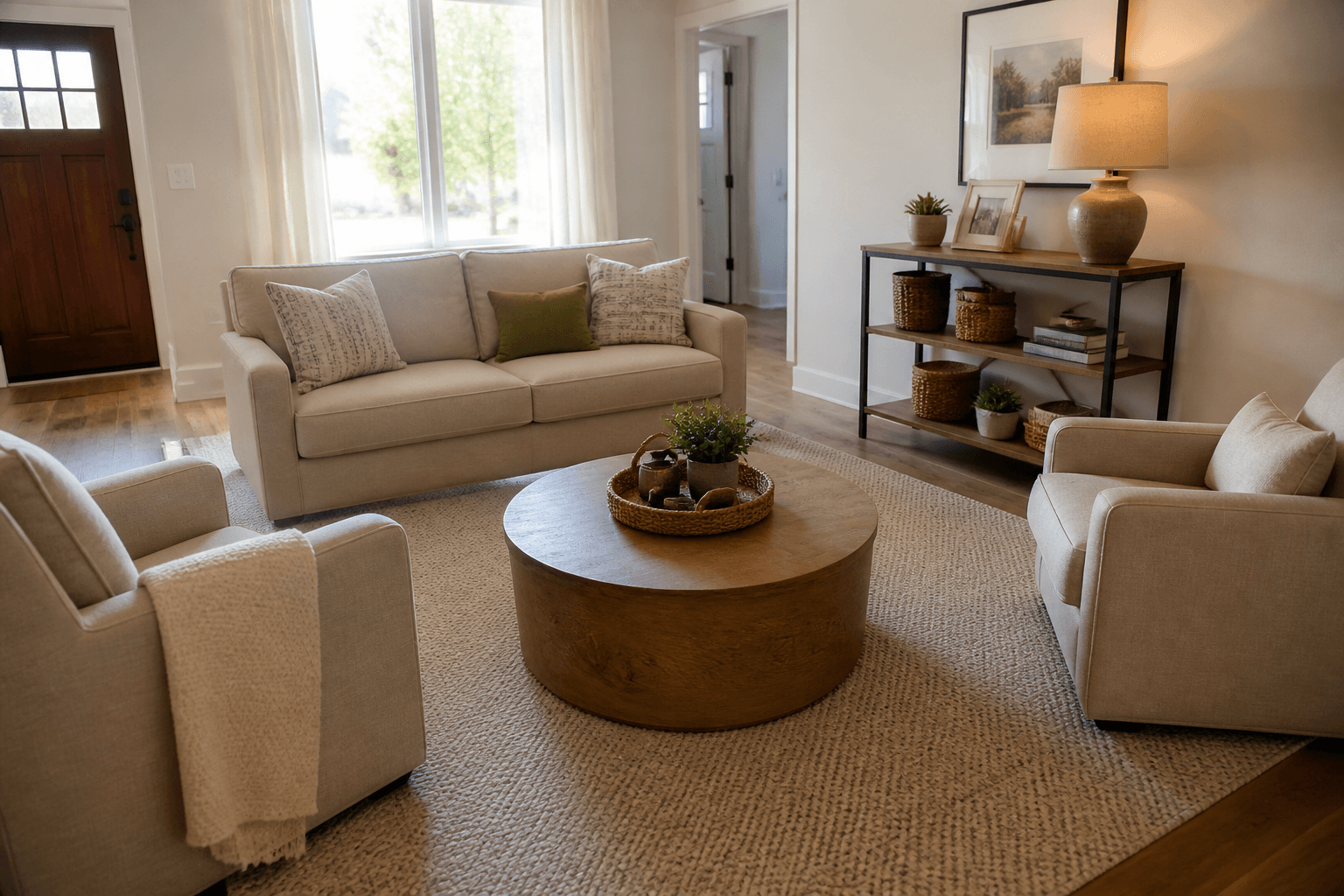 Round wood coffee table in front of a beige sofa with a shin path and the room door visible, feng shui coffee table placement
