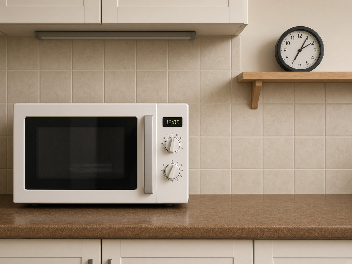 Microwave clock blinking 12:00 beside a set analog kitchen clock on a shelf