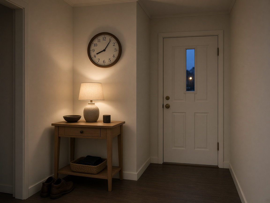 Rental entry console with a warm lamp on and a wall clock at dusk