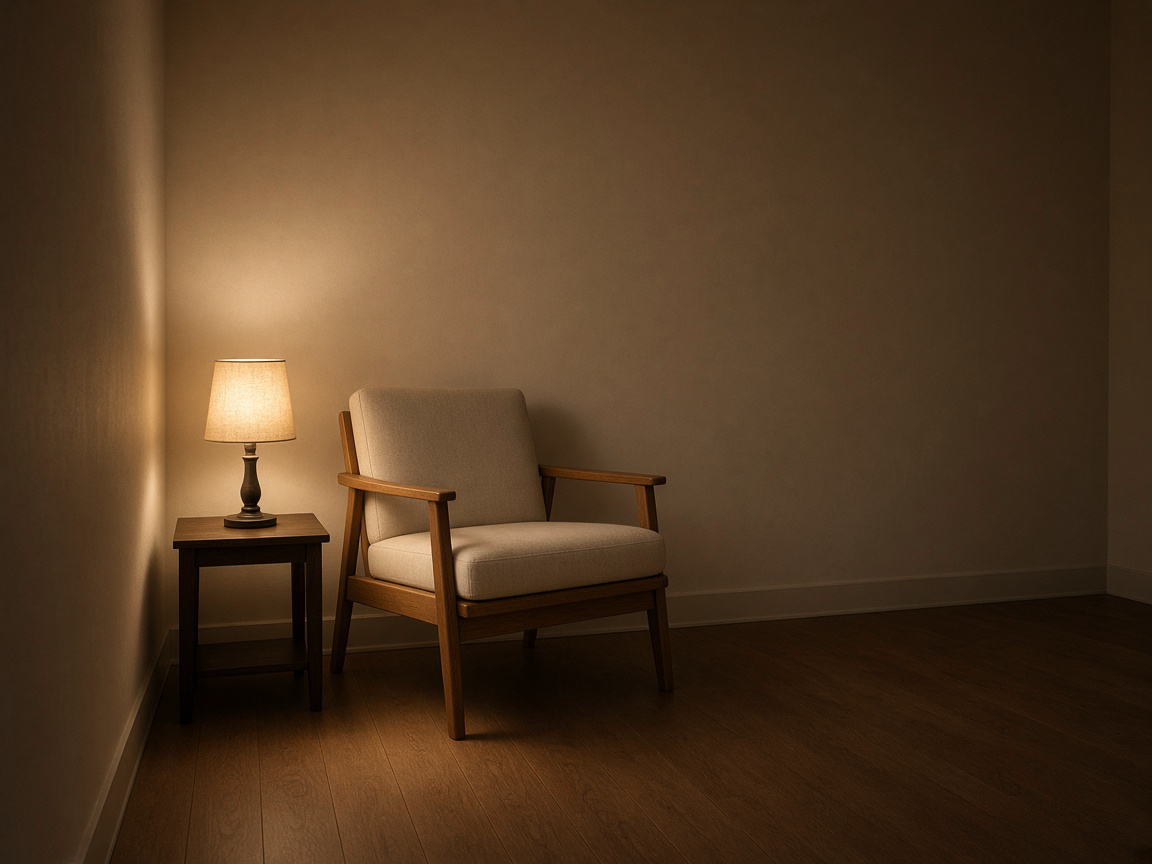 Table lamp lighting an armchair in a dim rental living room, ceiling off