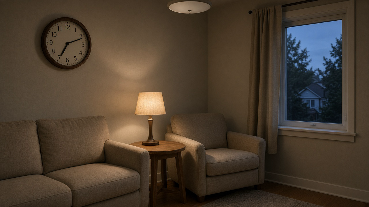 Rental living room at dusk with a set analog clock and a lamp on the sit chair, feng shui daylight saving lighting