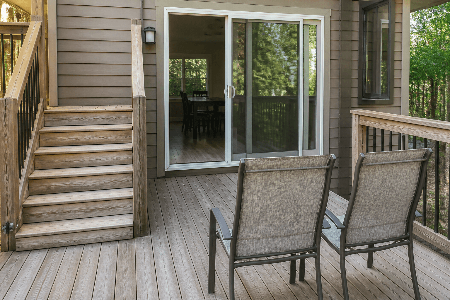 Wood deck, slider, side steps, and chairs with backs to the rail, feng shui deck placement in daylight
