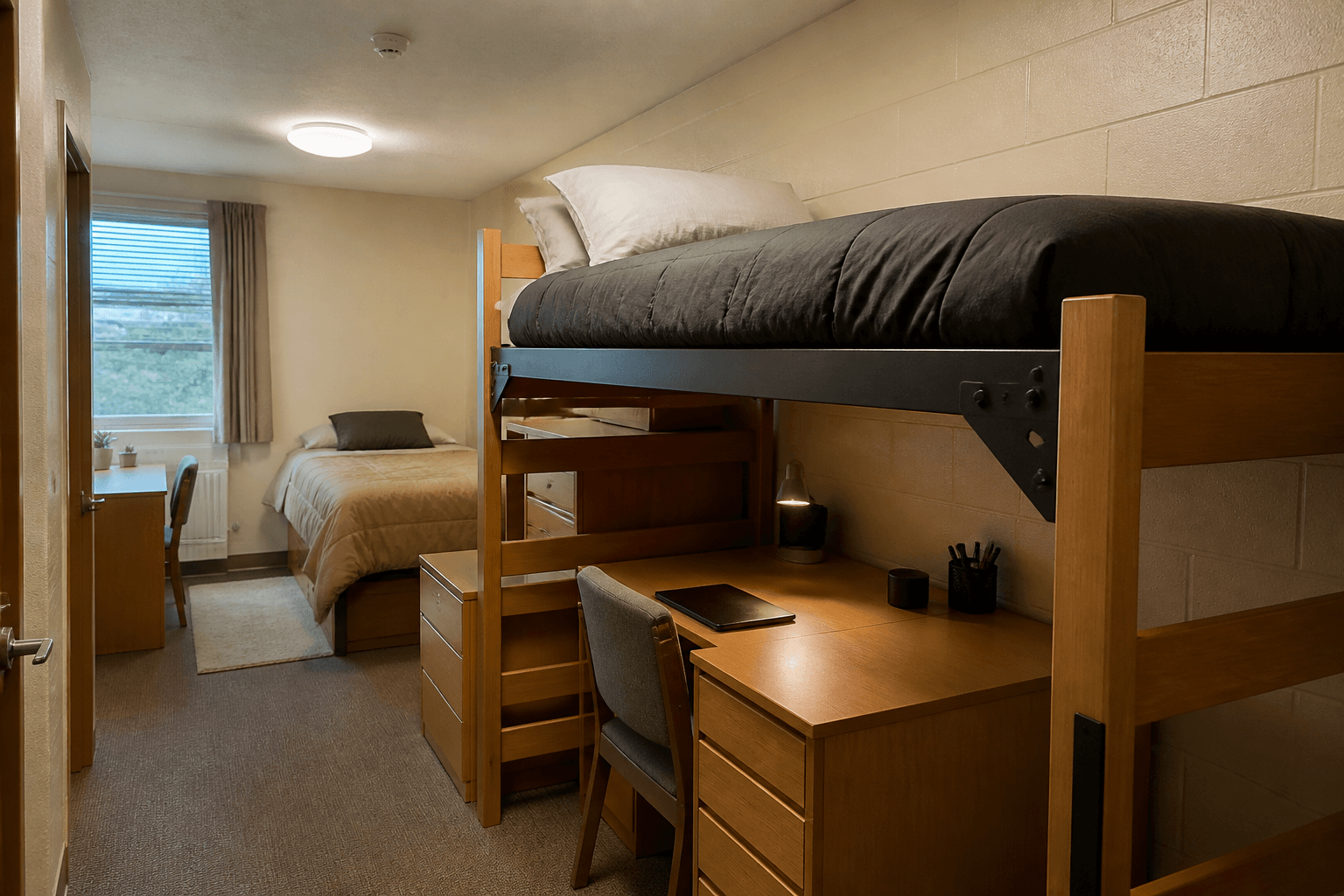 Lofted twin bed with a desk under it facing the dorm door, beige cinderblock walls, feng shui dorm room
