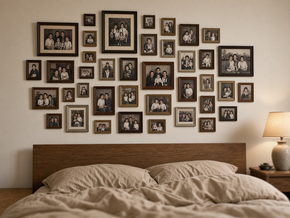 Crowded wall of framed family portraits facing a beige bed and wood headboard