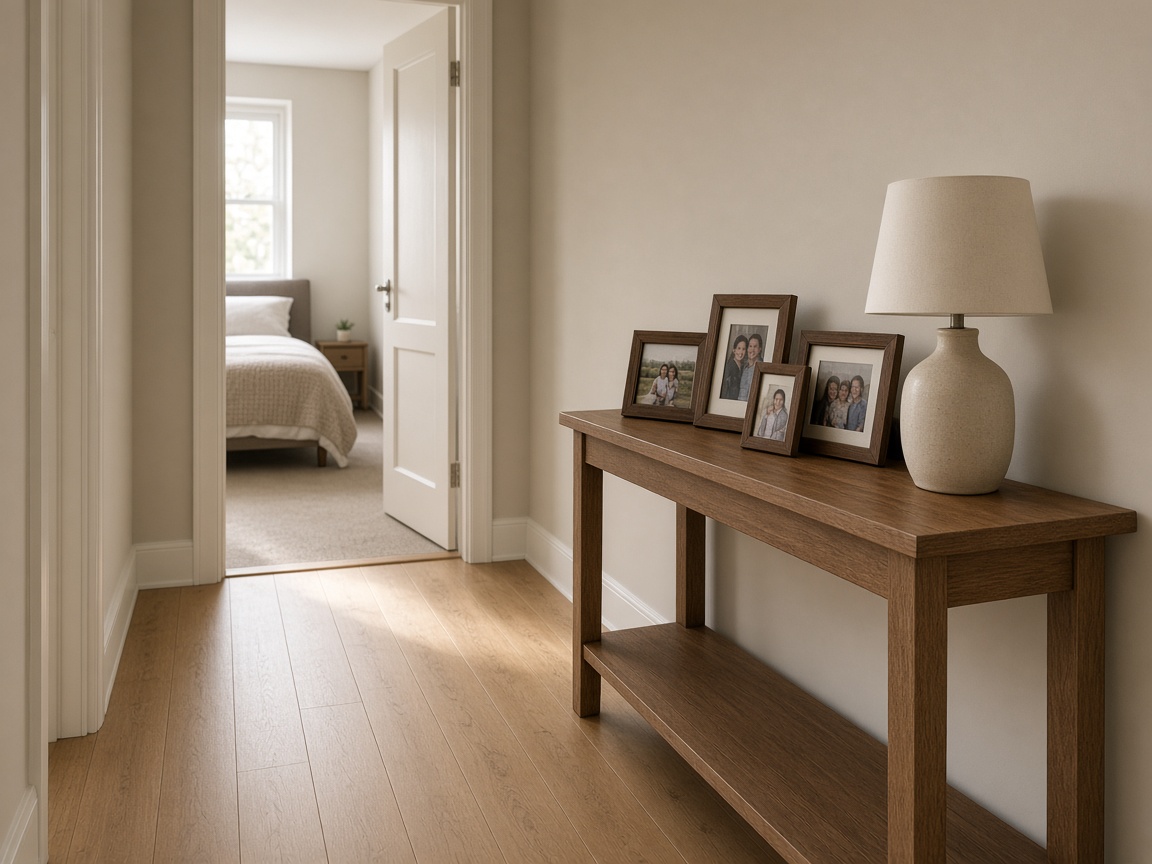 Hall console with framed family portraits, a lamp, and a clear oak walk to an open bedroom