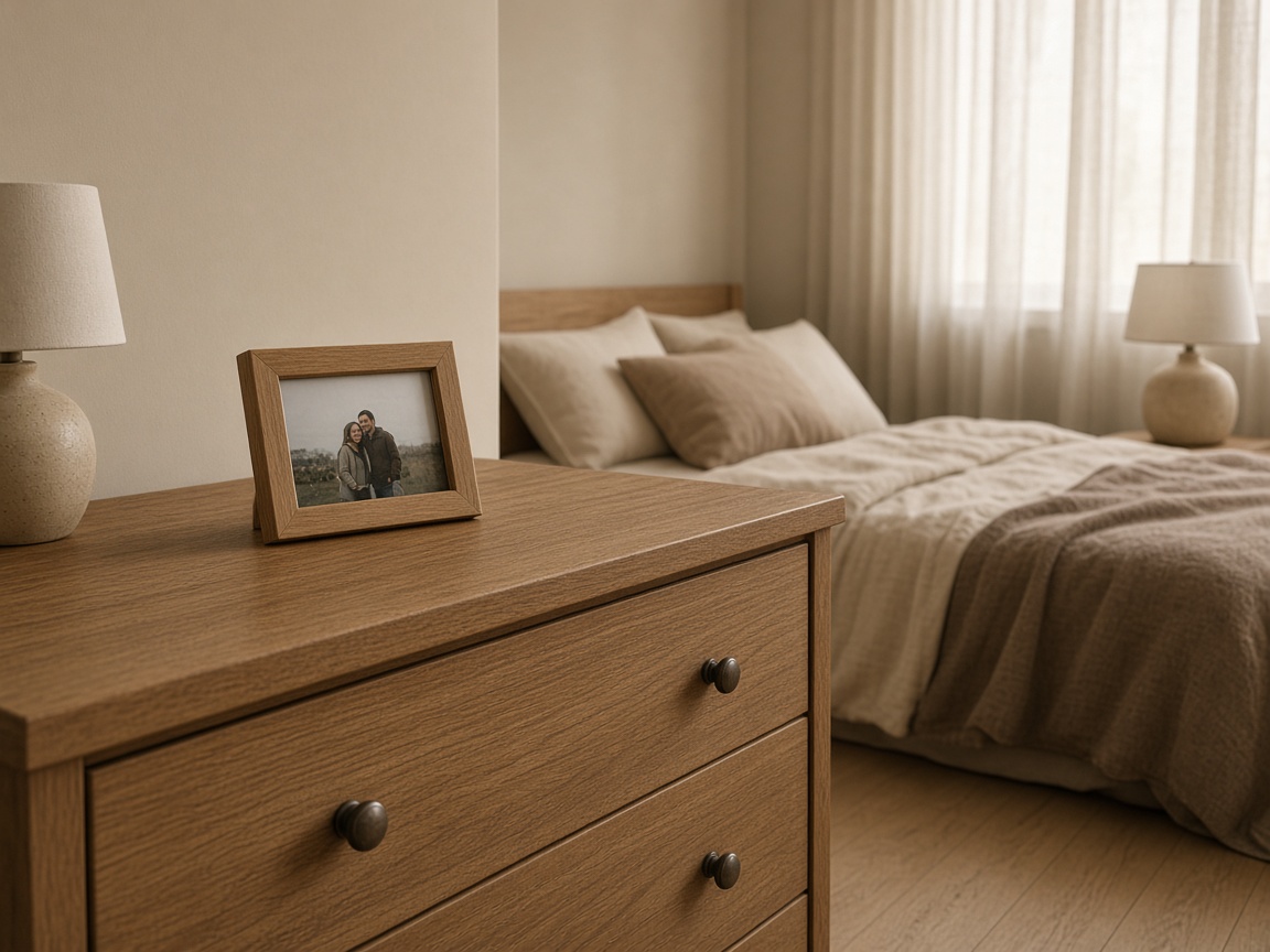 Oak dresser with one small frame of two people, beige bed and lamps behind