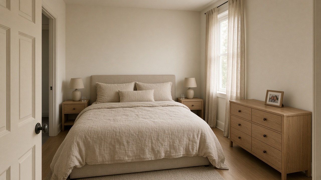 Beige rental bed, two lamps, small frame of two people on the dresser, feng shui family photos in bedroom