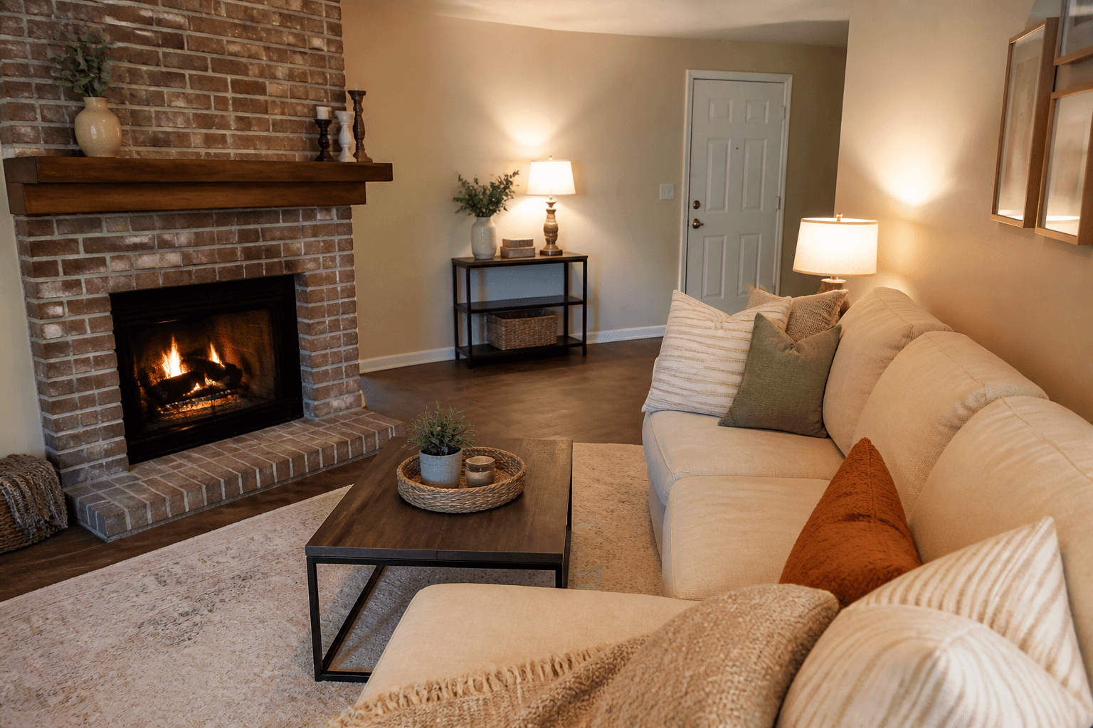 Oatmeal sofa angled to see a brick fireplace and the room door, feng shui fireplace