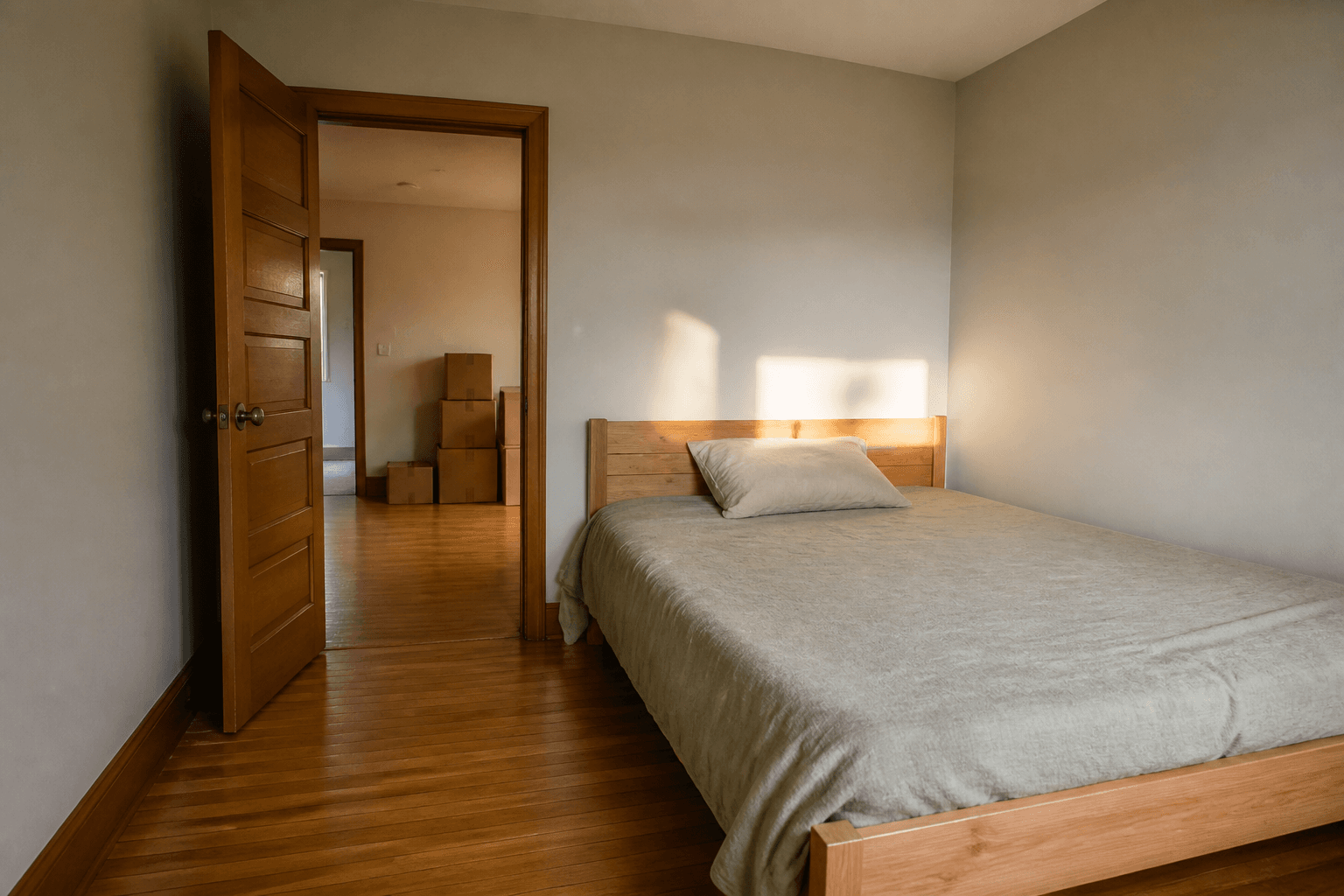 Simple wood bed with a clear view of an open bedroom door, boxes stacked off the walk