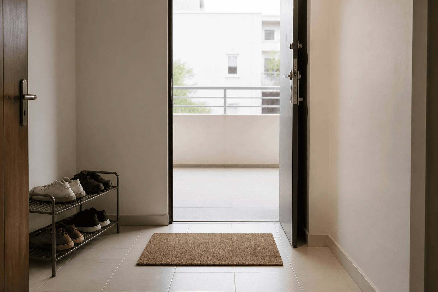 Apartment door fully open with a plain mat and a clear walk, shoes in a low rack
