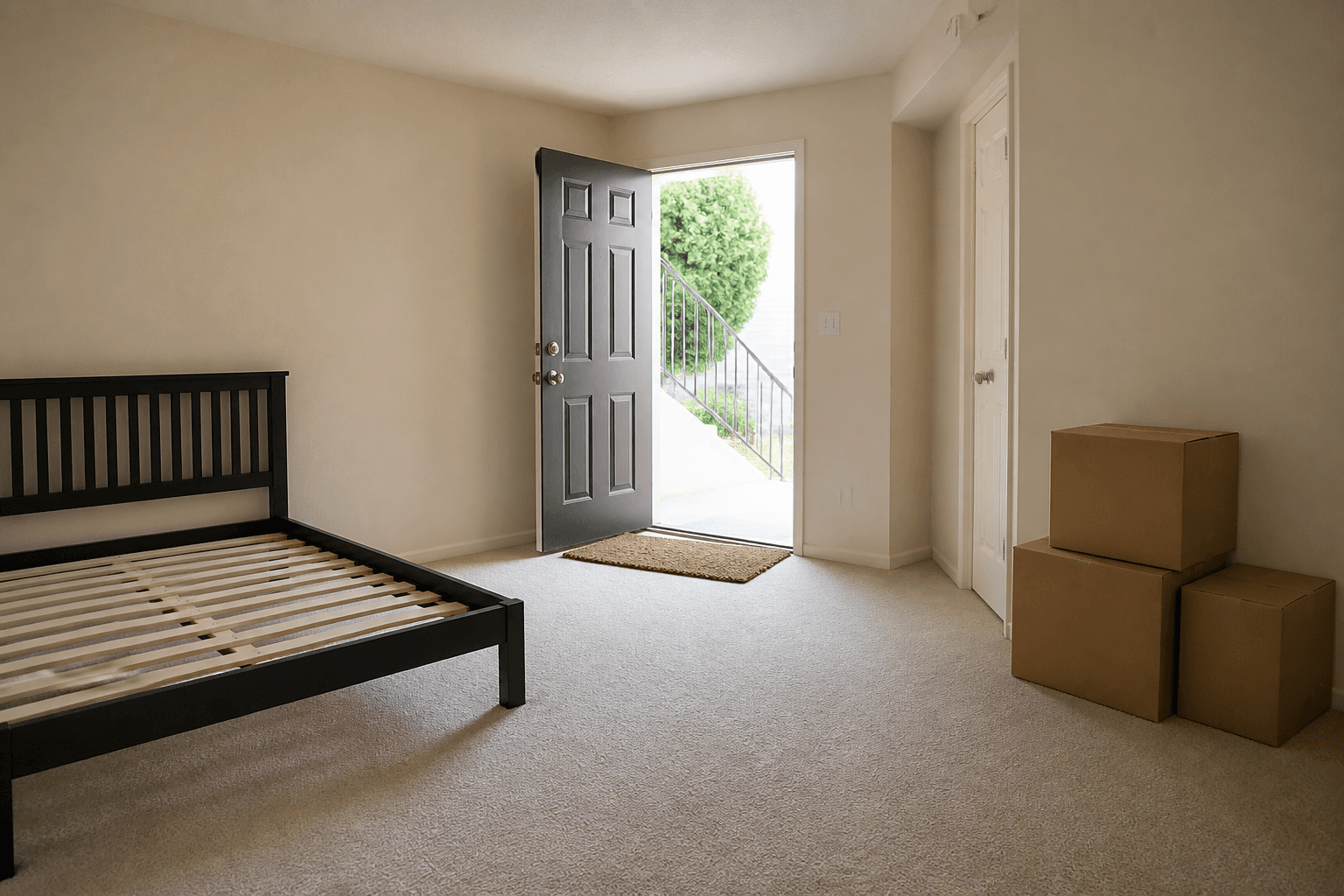 Empty-ish rental with an open door, a bed in view, and boxes off the walk, feng shui first week rental