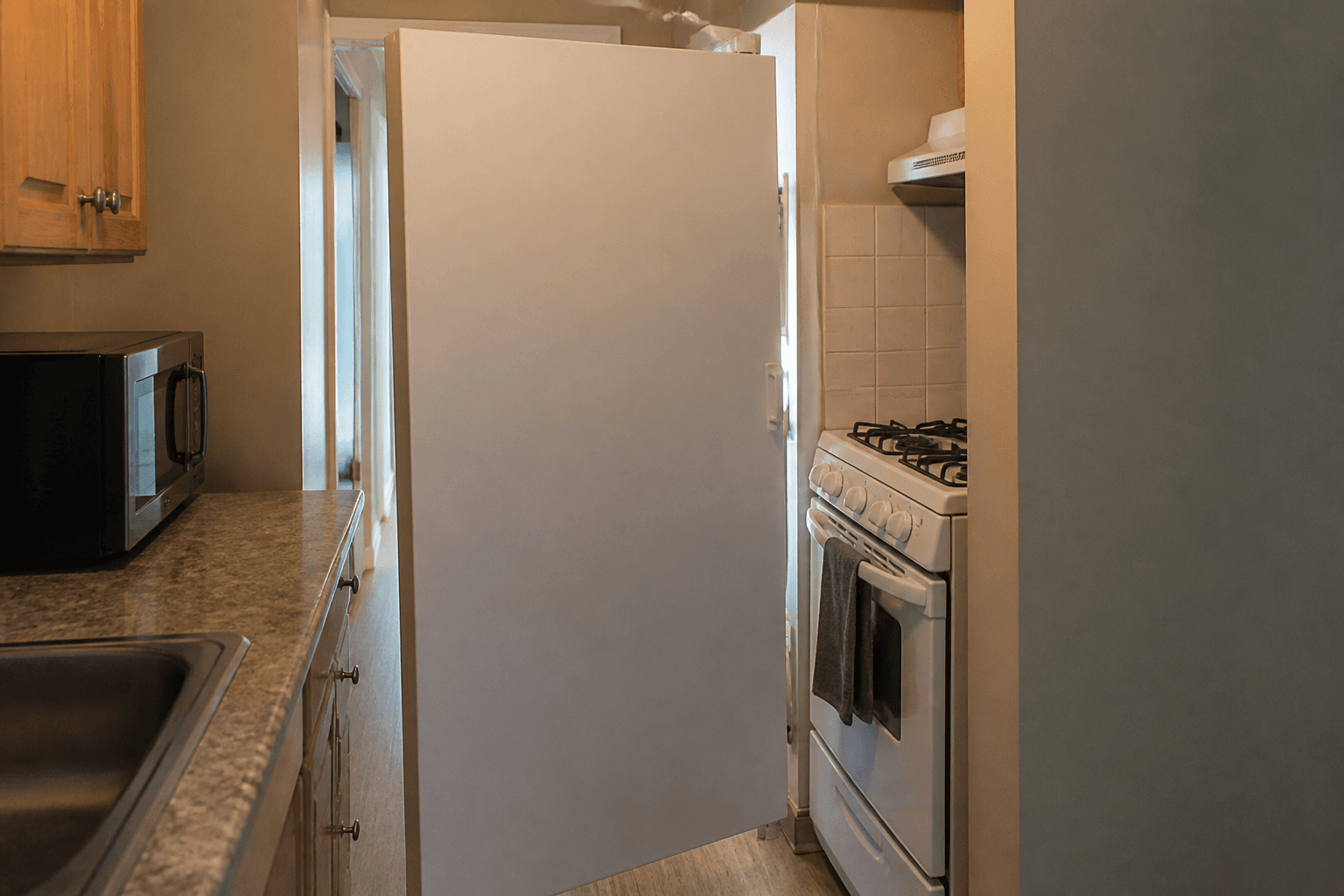 Fridge door open across a kitchen walk, blocking the path to the stove