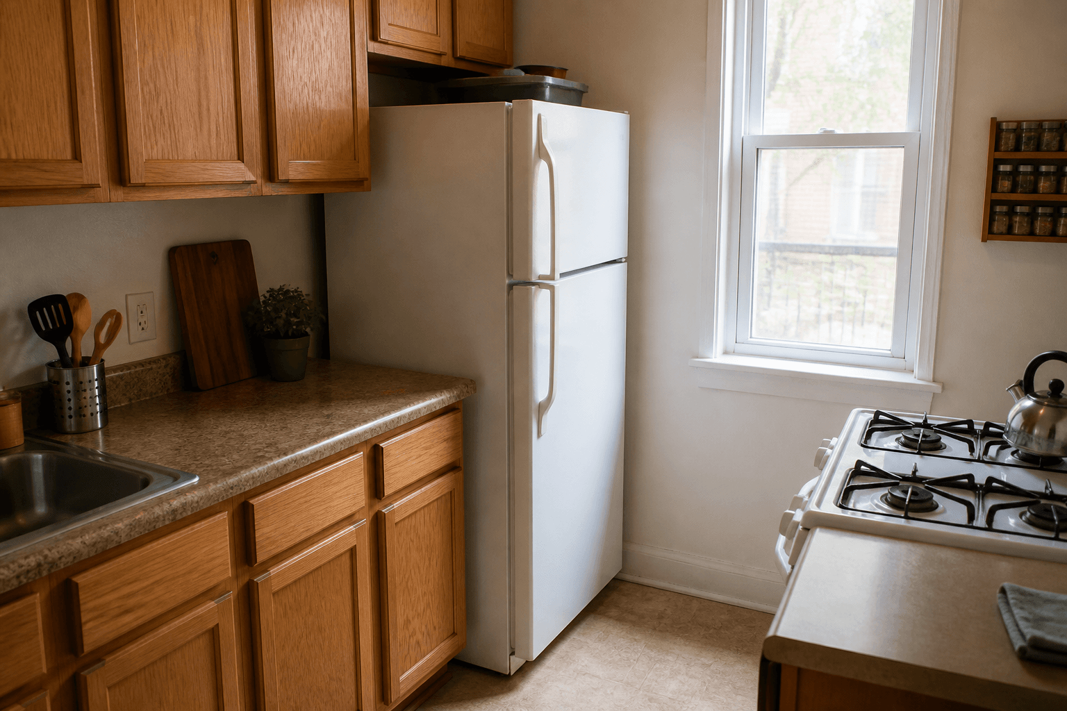 White fridge beside a stove with a standing wood board buffer on the counter, feng shui fridge placement