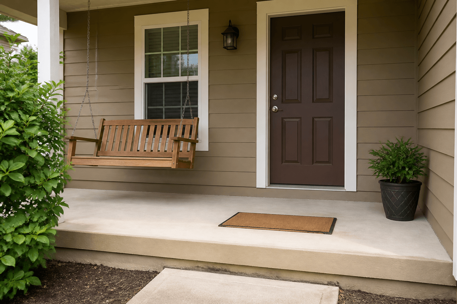 Concrete porch with one step, plain mat, plant to the side, dark door, earth-tone house, feng shui front porch